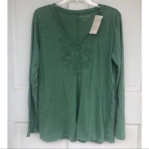 Soft Surroundings Green Embroidered Long Sleeve V-Neck Shirt NWT | Size Medium